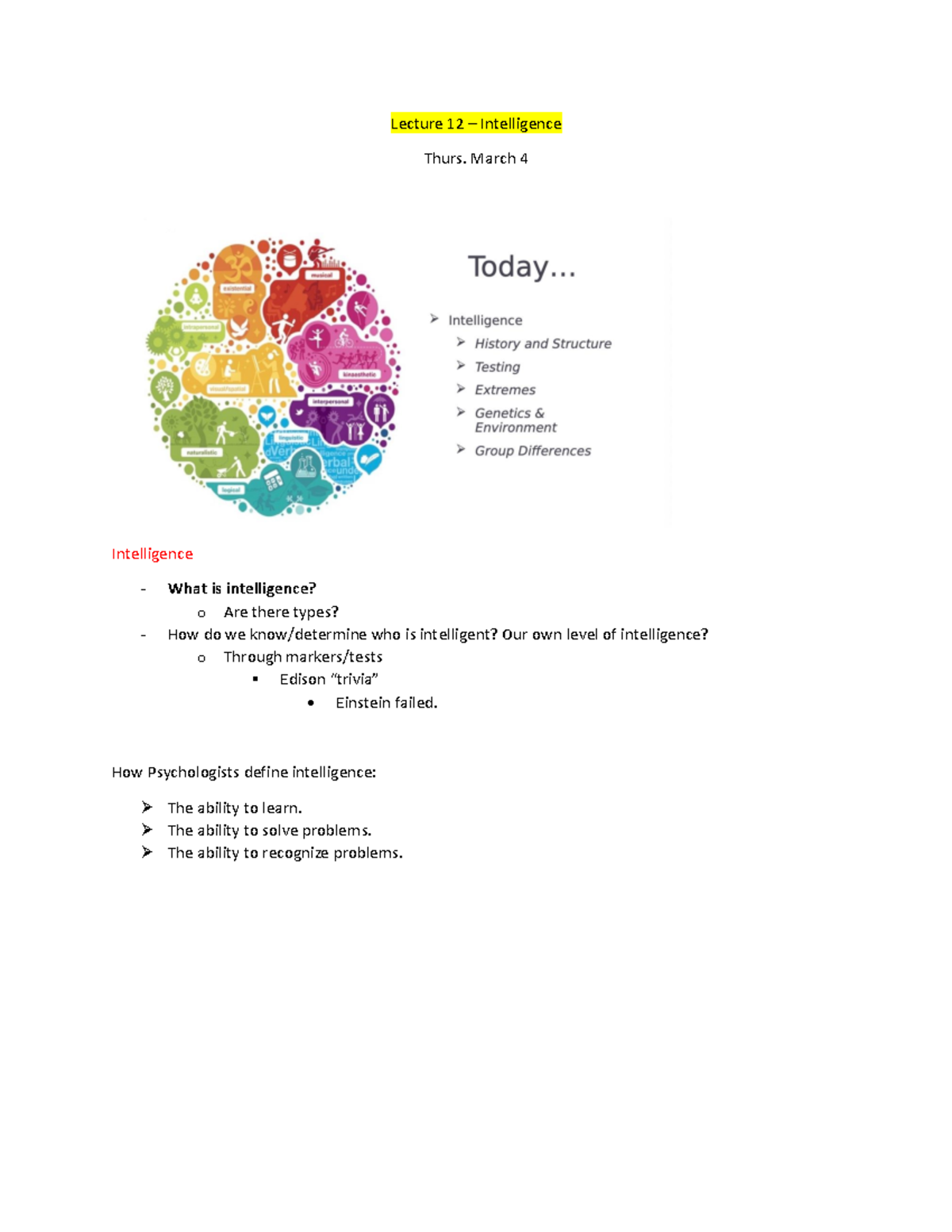 Intro Psych - Lecture 12 - Lecture 12 – Intelligence Thurs. March 4 ...