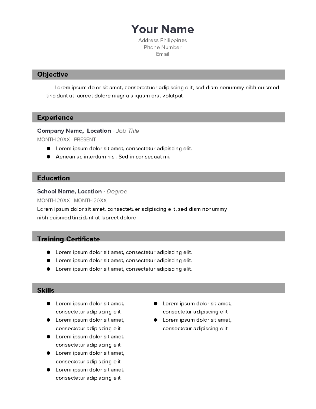 Resume Format Guide - Your Name Address Philippines Phone Number Email ...