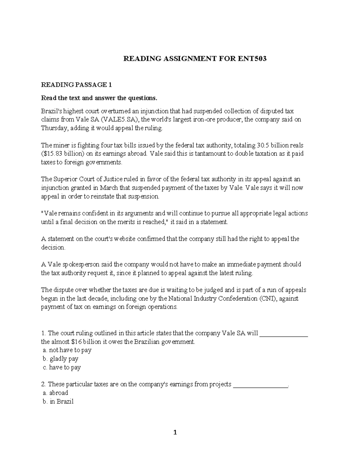 ENT503 Reading assignment READING ASSIGNMENT FOR ENT READING PASSAGE