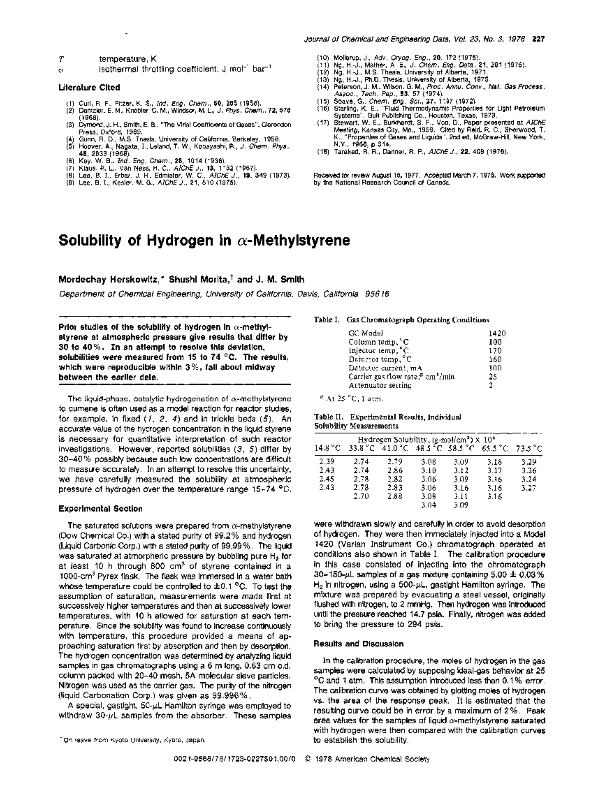 Solubility of hydrogen in alpha methylst - Journal zyxwvuof Chemical ...