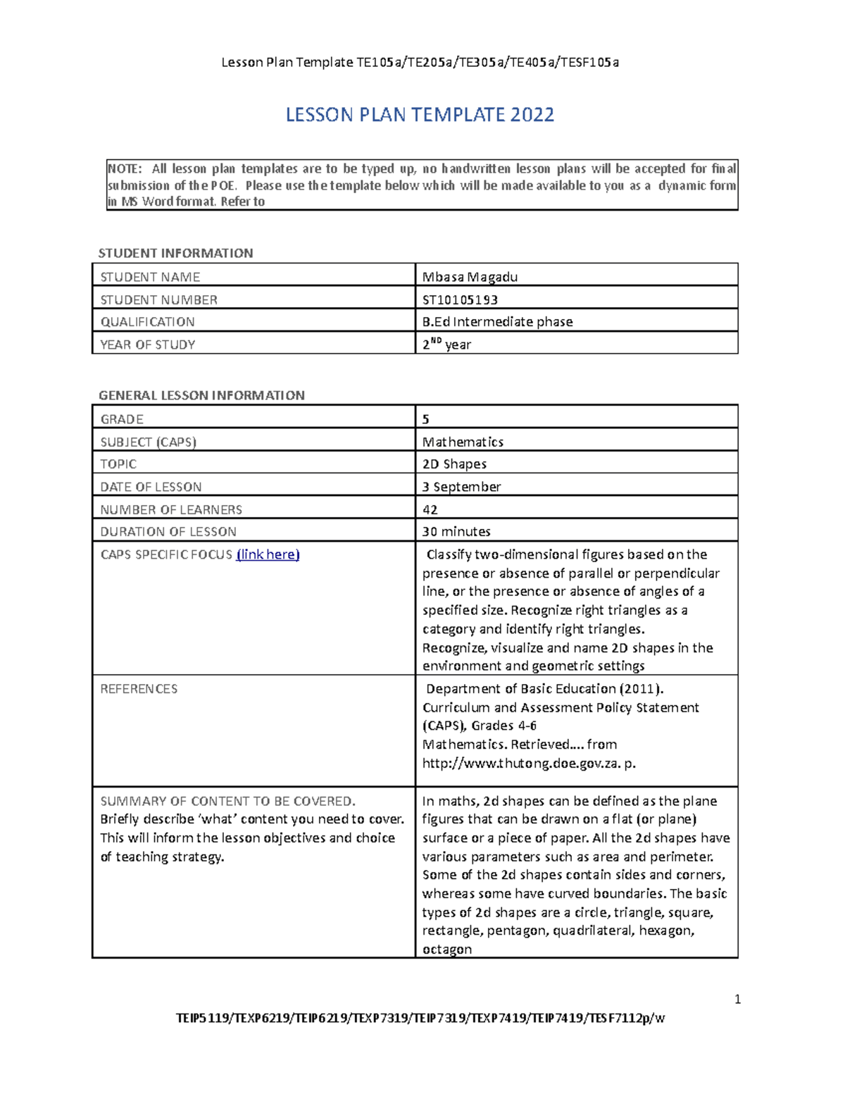 Mathematics Lesson Plan [3 September] - Lesson Plan Template 2022 Note 