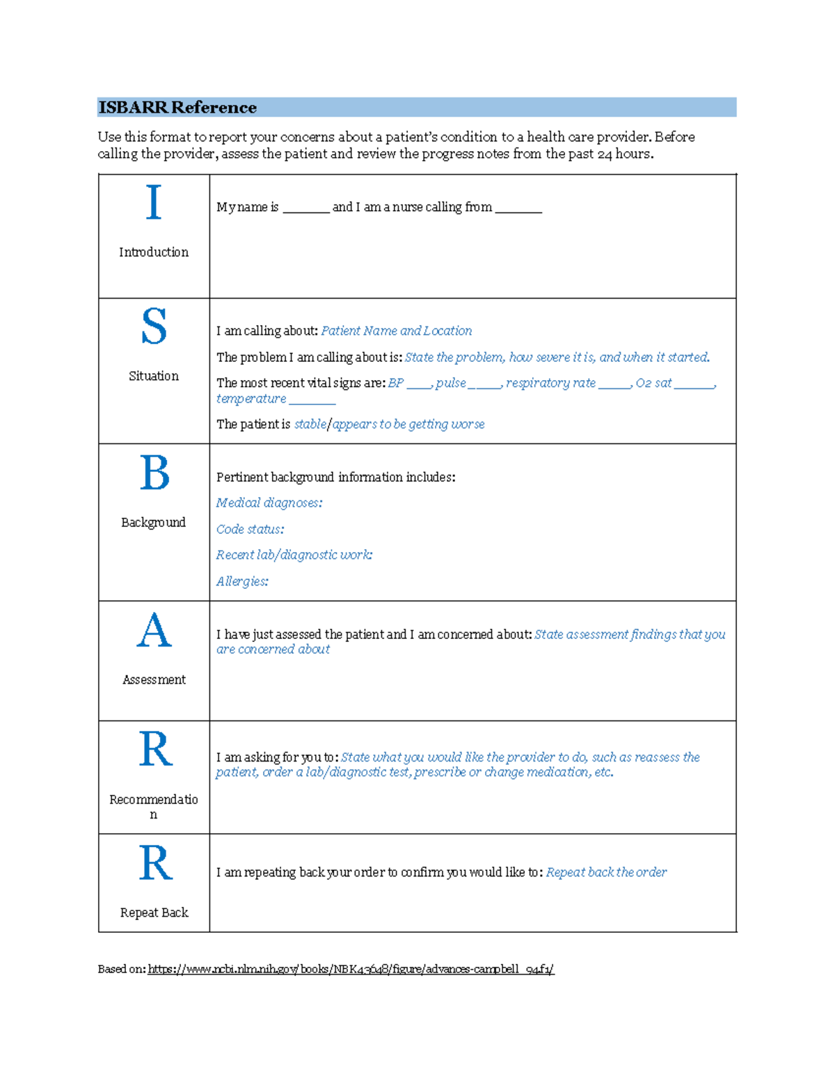 Isbarr Reference card - ISBARR Reference Use this format to report your ...