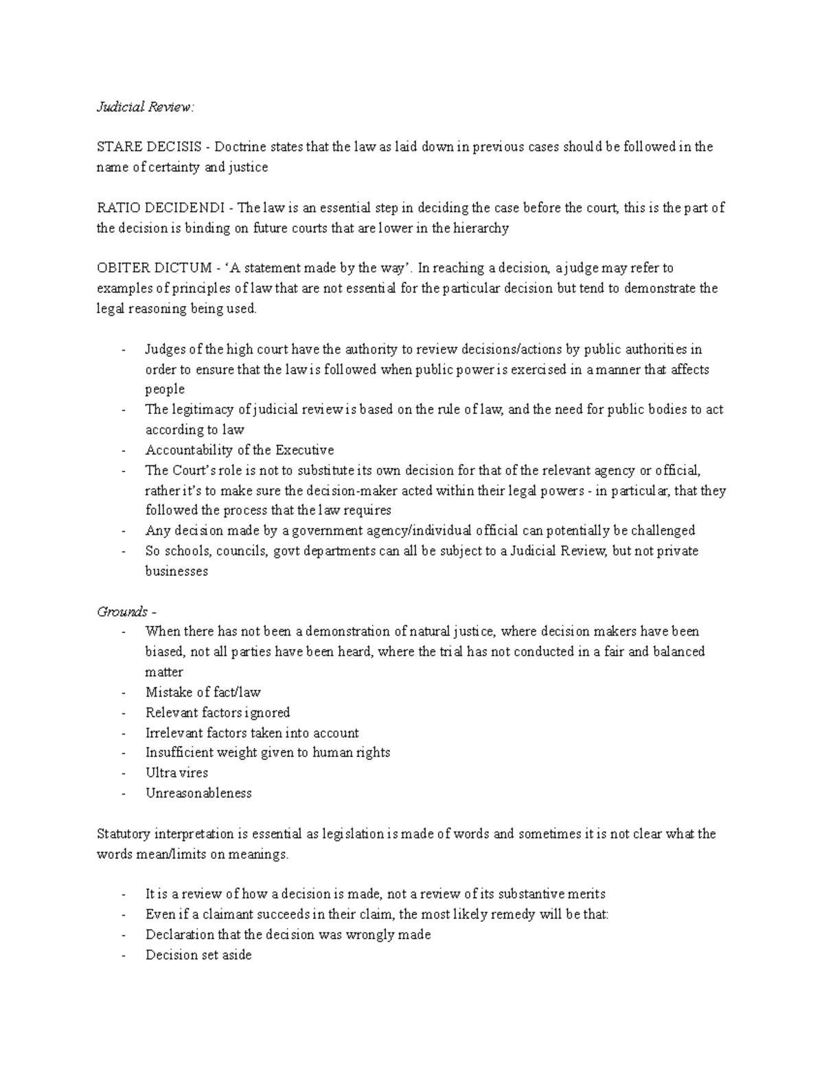 Tutorial Week 9 Notes - Judicial Review: STARE DECISIS - Doctrine ...