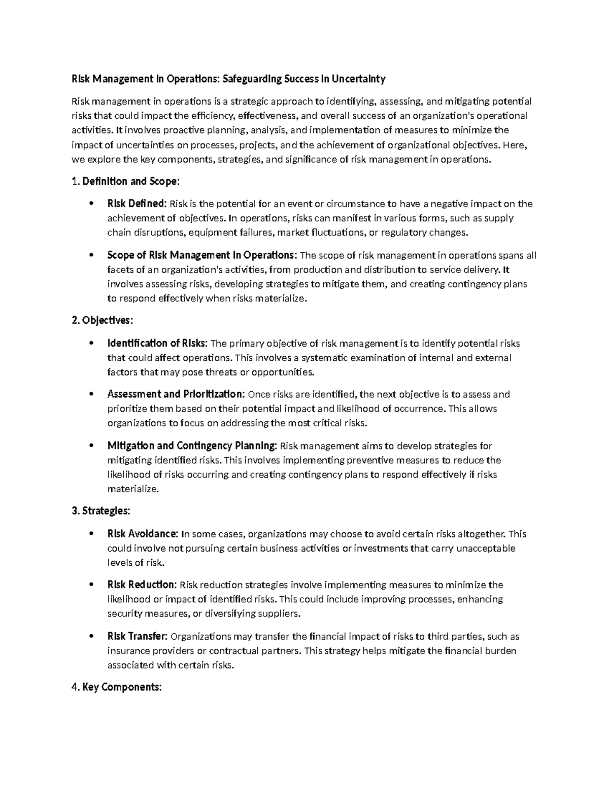 Risk Management in Operations - It involves proactive planning ...