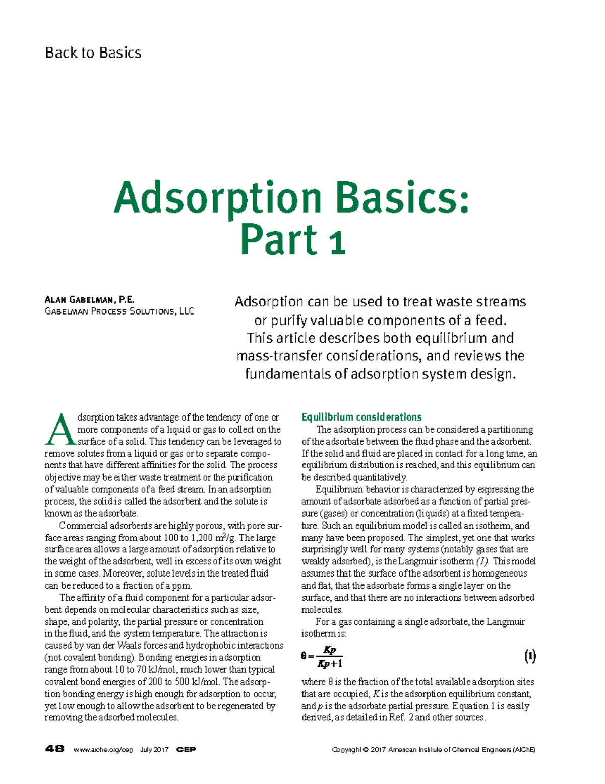 Adsorption Basics Part 1 - 48 Aiche/cep July 2017 CEP Back To Basics A ...