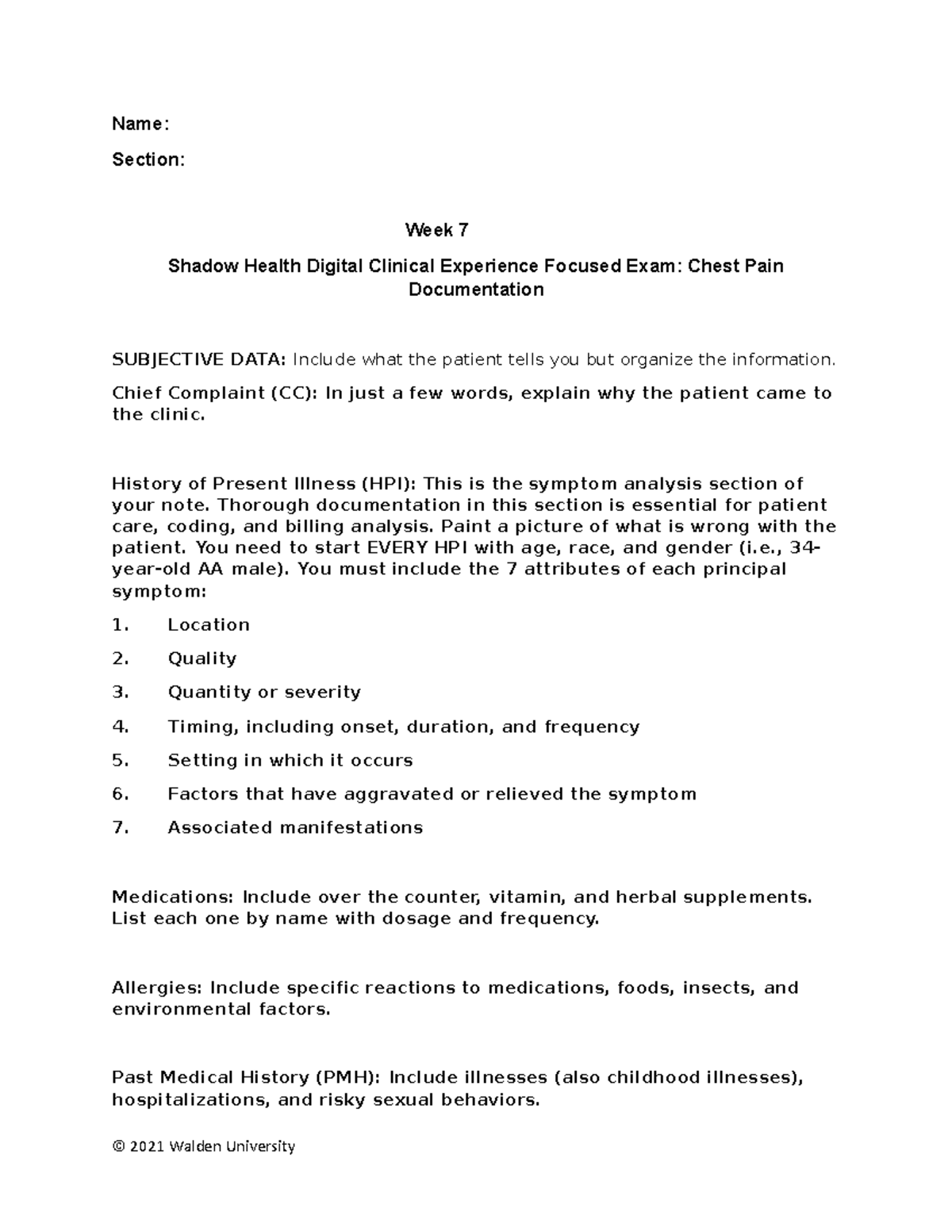 Week 7 SH Focused Chest Pain Template - Name: Section: Week 7 Shadow ...