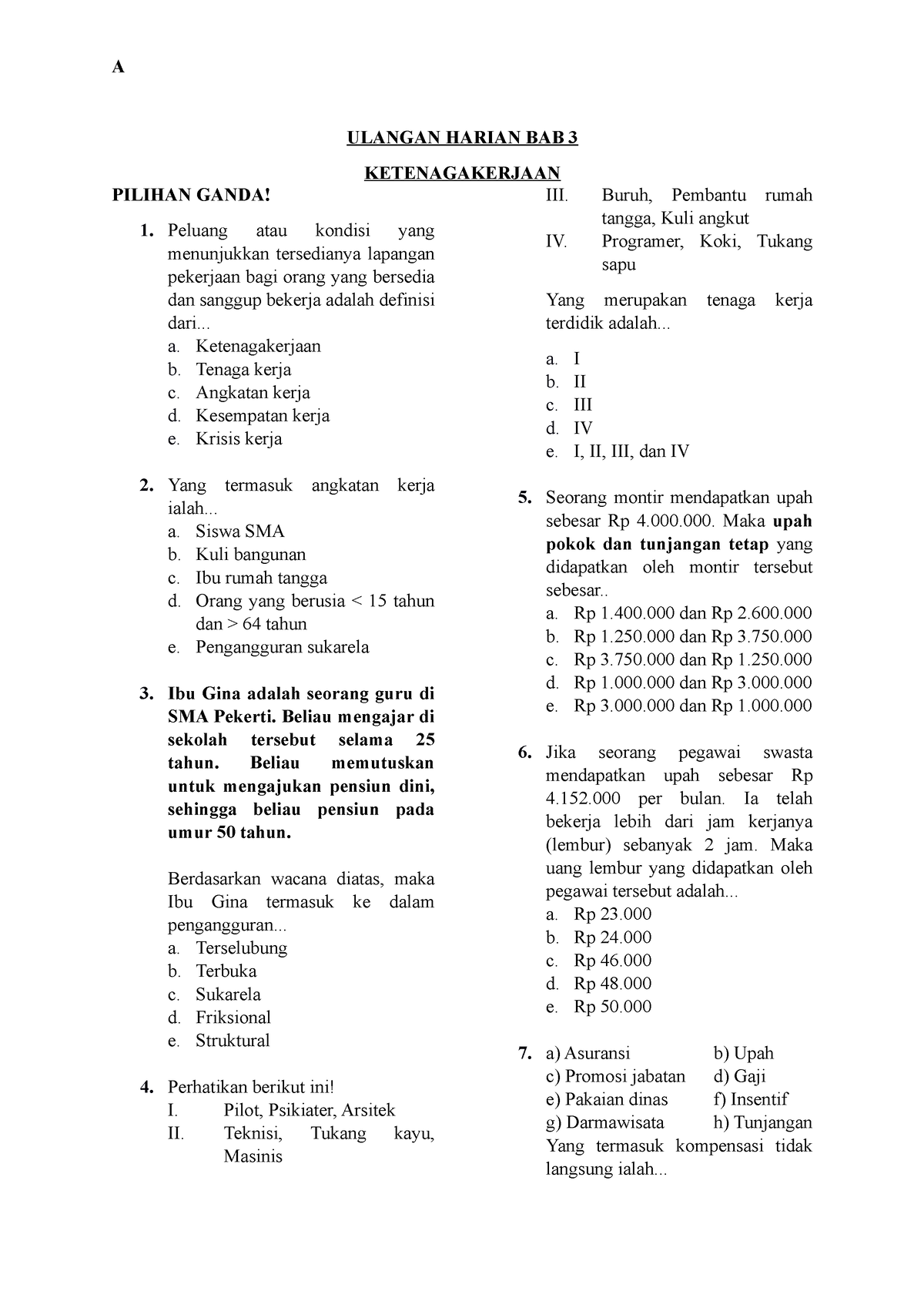 Ulangan Harian XI BAB 3 A - A ULANGAN HARIAN BAB 3 KETENAGAKERJAAN ...