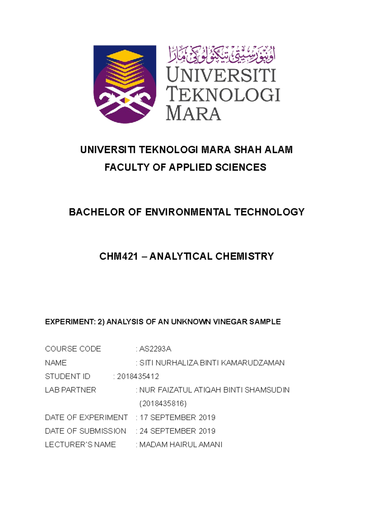 Experiment 2 ANALYSIS OF AN UNKNOWN VINEGAR SAMPLE - UNIVERSITI ...