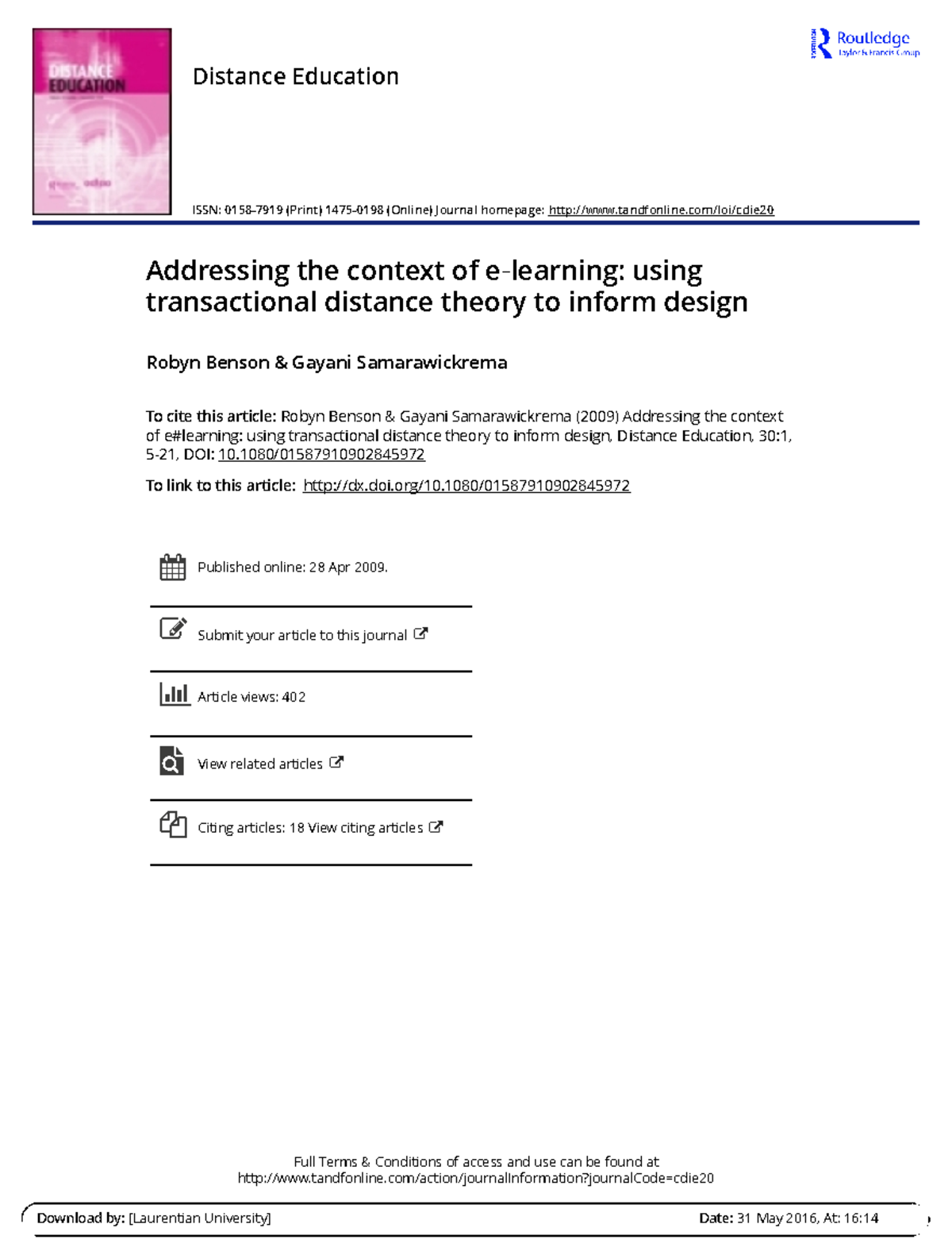 Addressing the context of e‐learning using transactional distance ...