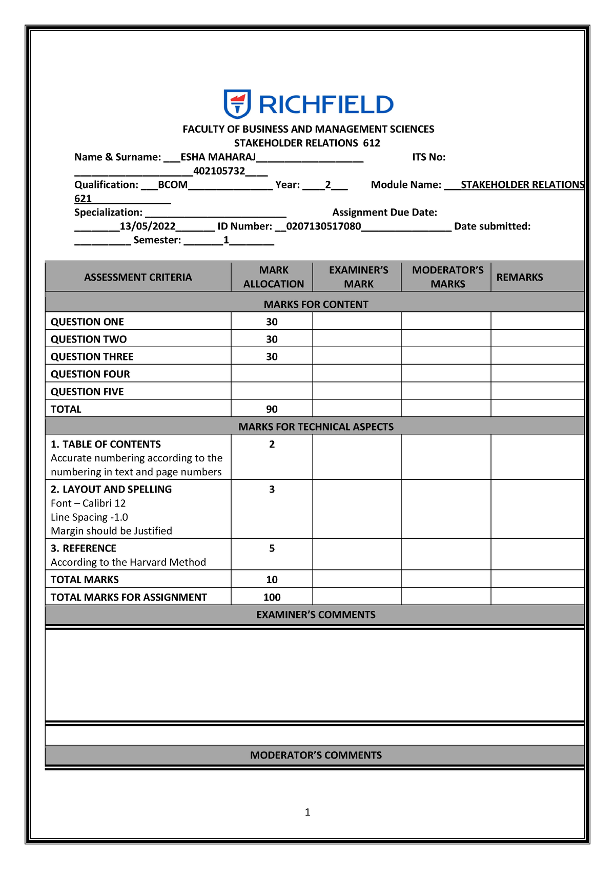 Stakeholder Relations 621 - 402105732-Esha Maharaj - FACULTY OF ...