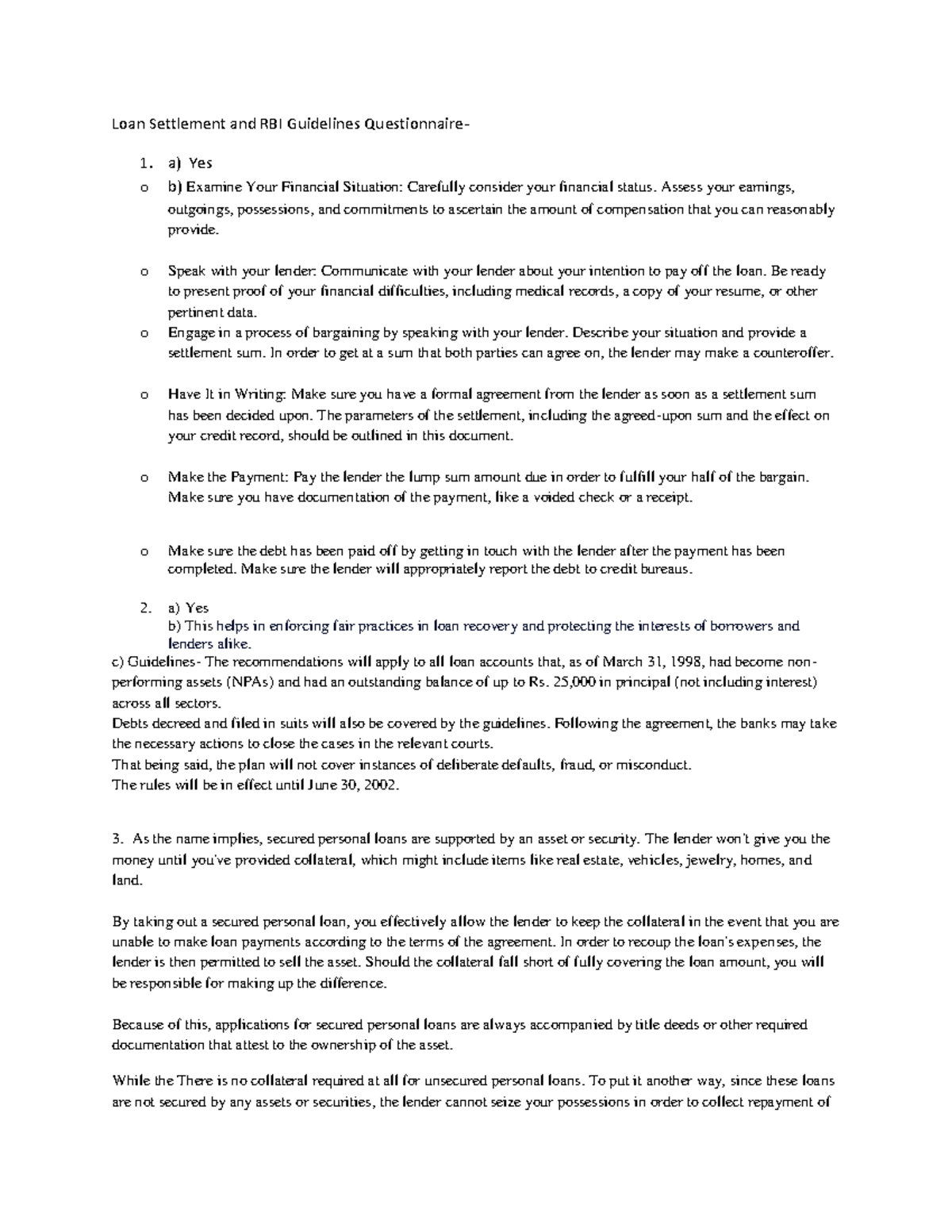 Loan Settlement and RBI Guidelines Questionnaire - a) Yes o b) Examine ...