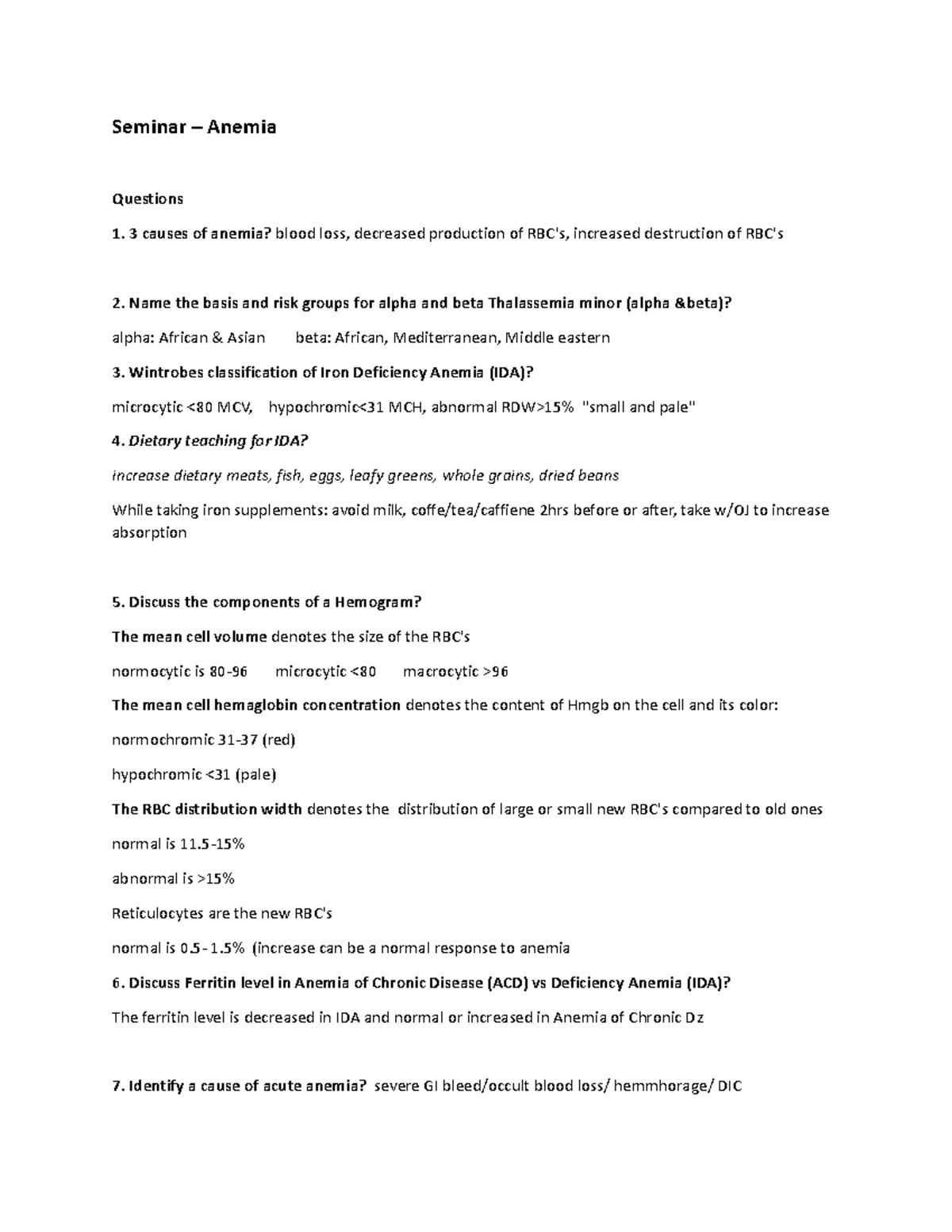 Anemia study session - Seminar – Anemia Questions 3 causes of anemia ...