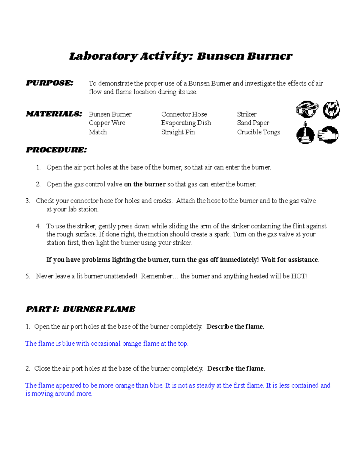 Bunsen Burner Lab Notes Laboratory Activity Bunsen Burner PURPOSE