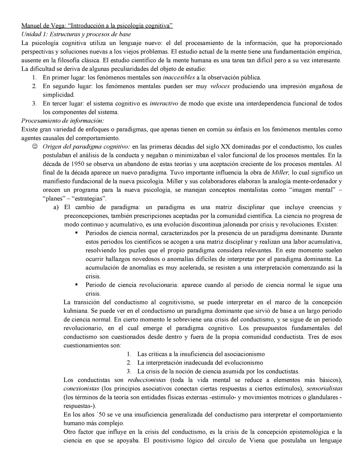 Resumen Unidad 1 2 3 - Cognitiva - Manuel De Vega: “Introducción A La ...