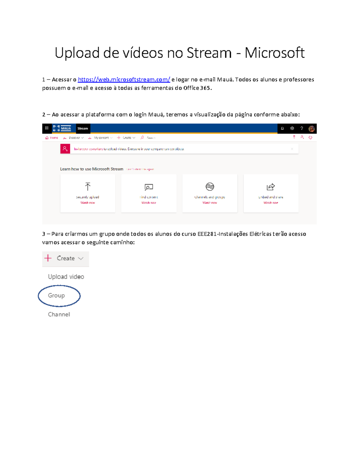 Upload de vídeos no Stream - microsoftstream/ e logar no e-mail Mauá ...