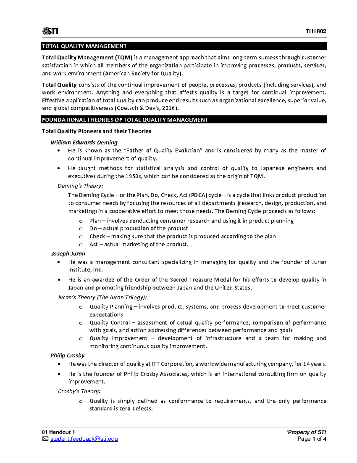 01 Handout Quality - Learning material - 01 Handout 1 *Property of STI ...