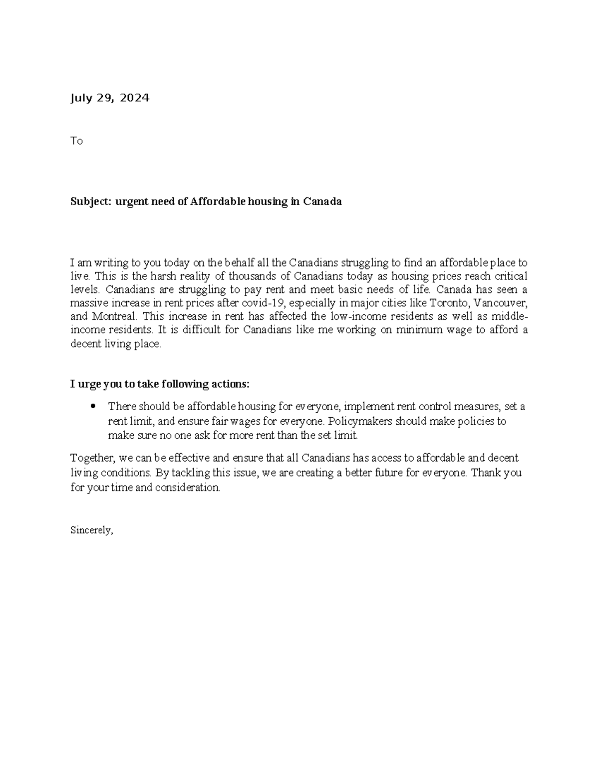 OPEN Letter - July 29, 2024 To Subject: urgent need of Affordable ...