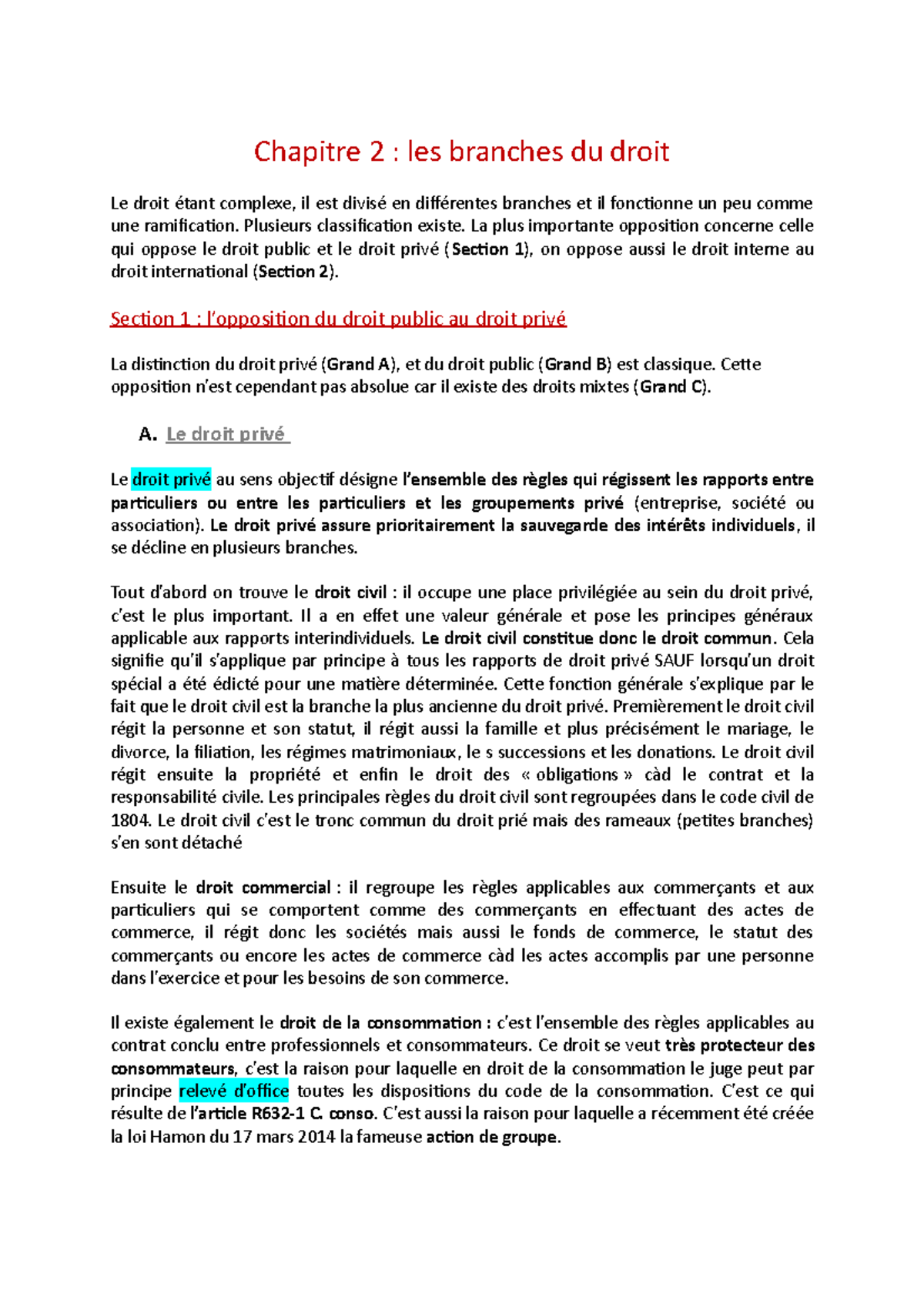 Chapitre 2 - Droit - Notes de cours 1 - Chapitre 2 : les branches du ...