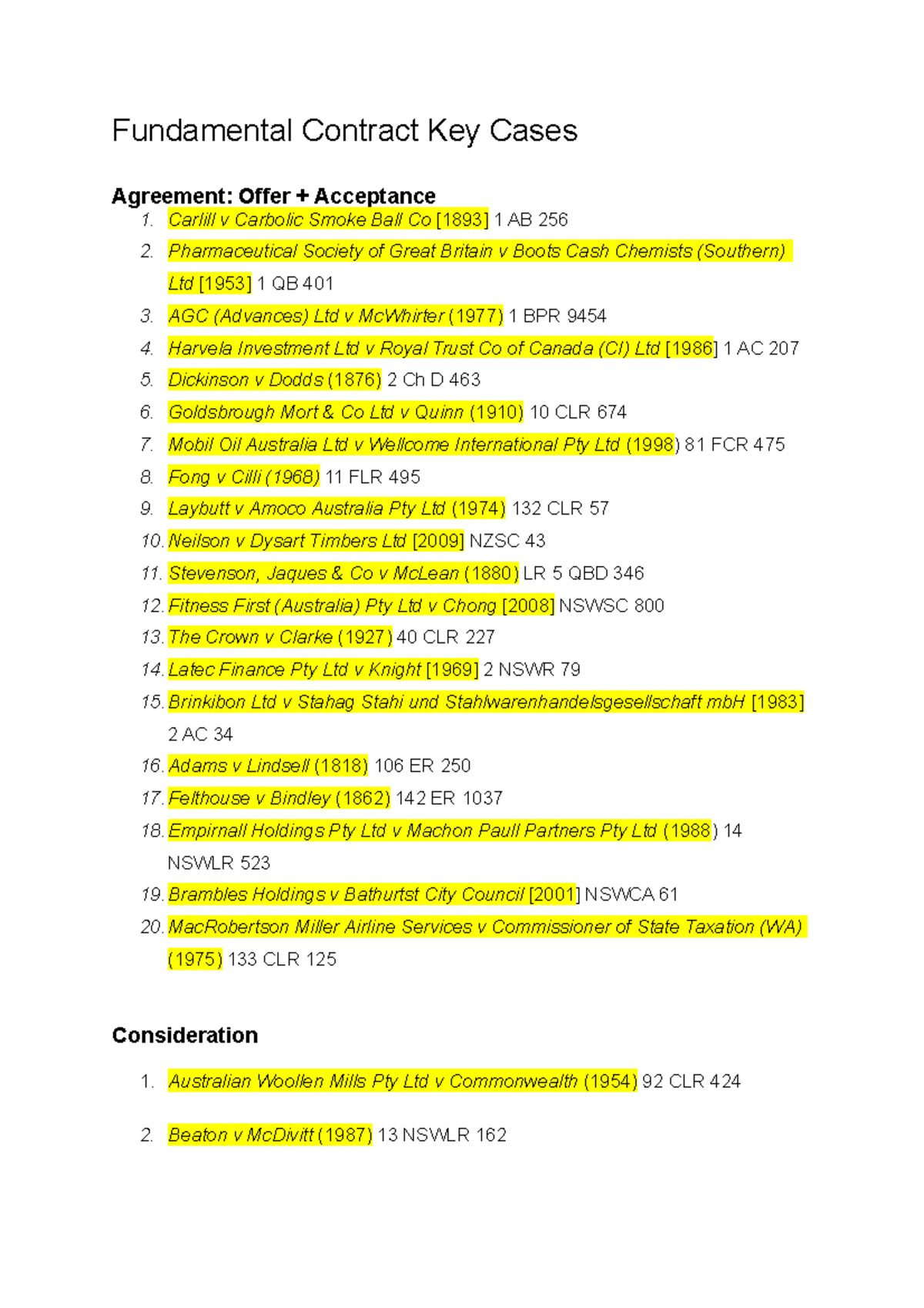 Contract Law Exam Key Cases - Fundamental Contract Key Cases Carlill v ...