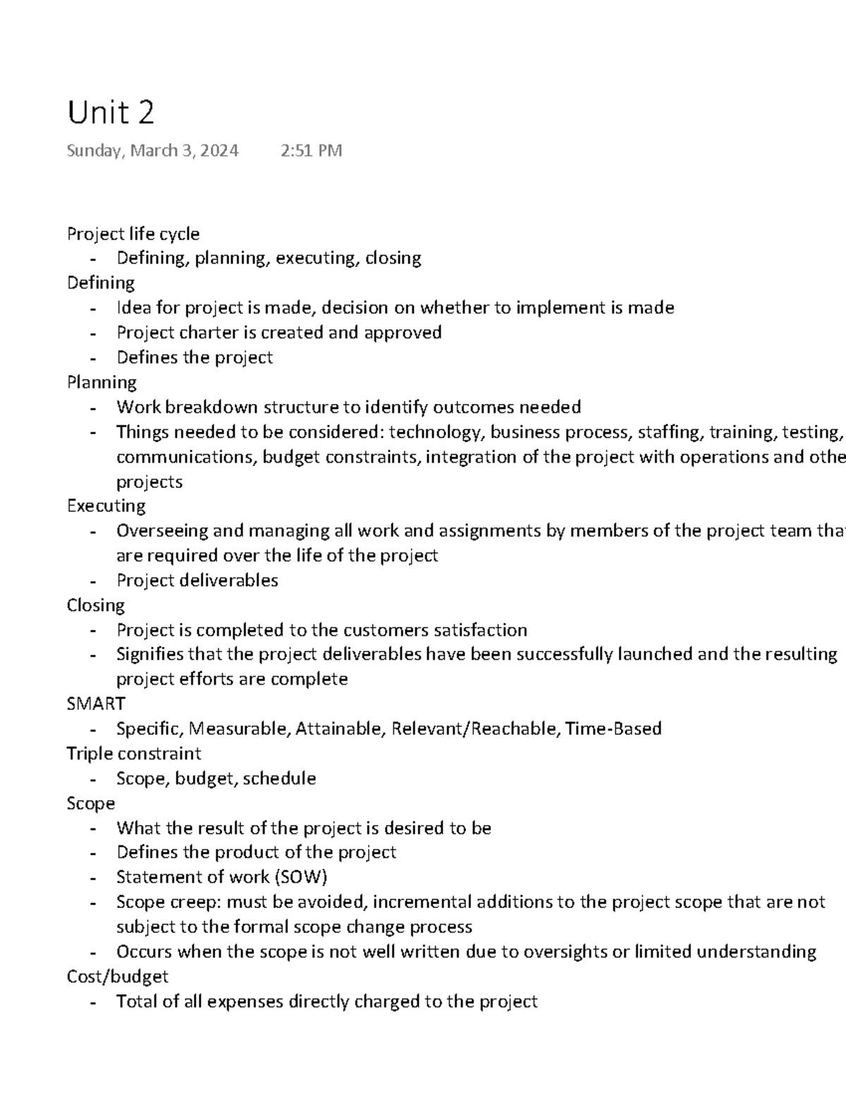 C722 Unit 2 - Project life cycle Defining, planning, executing, closing ...