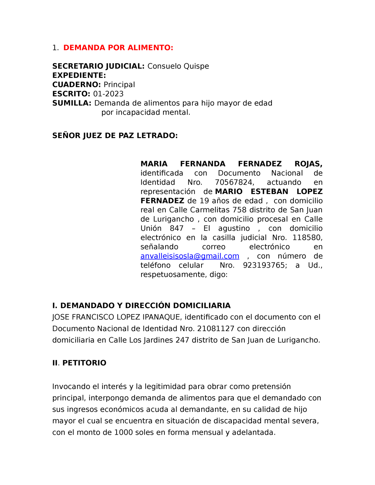 Demandas Derecho Procesal Civil Ii Demanda Por Alimento