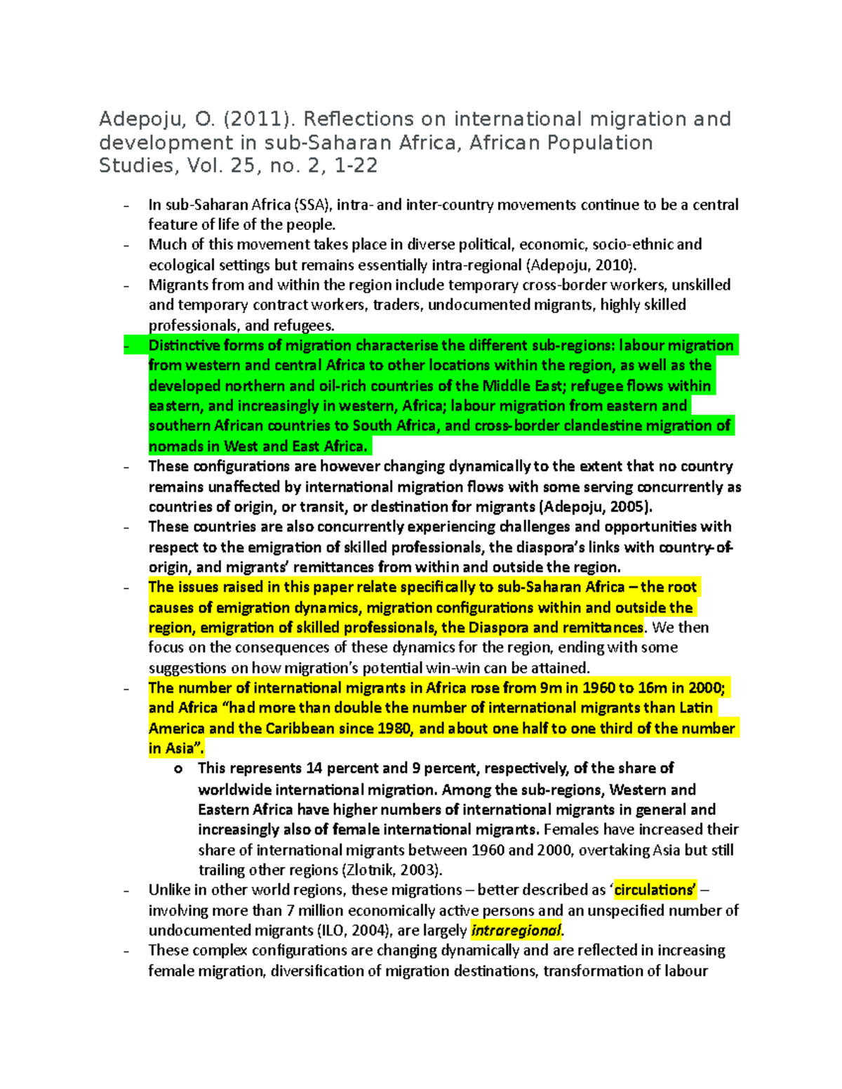 AFRI 3005 (Assignment 2 Notes) - Adepoju, O. (2011). Reflections on ...