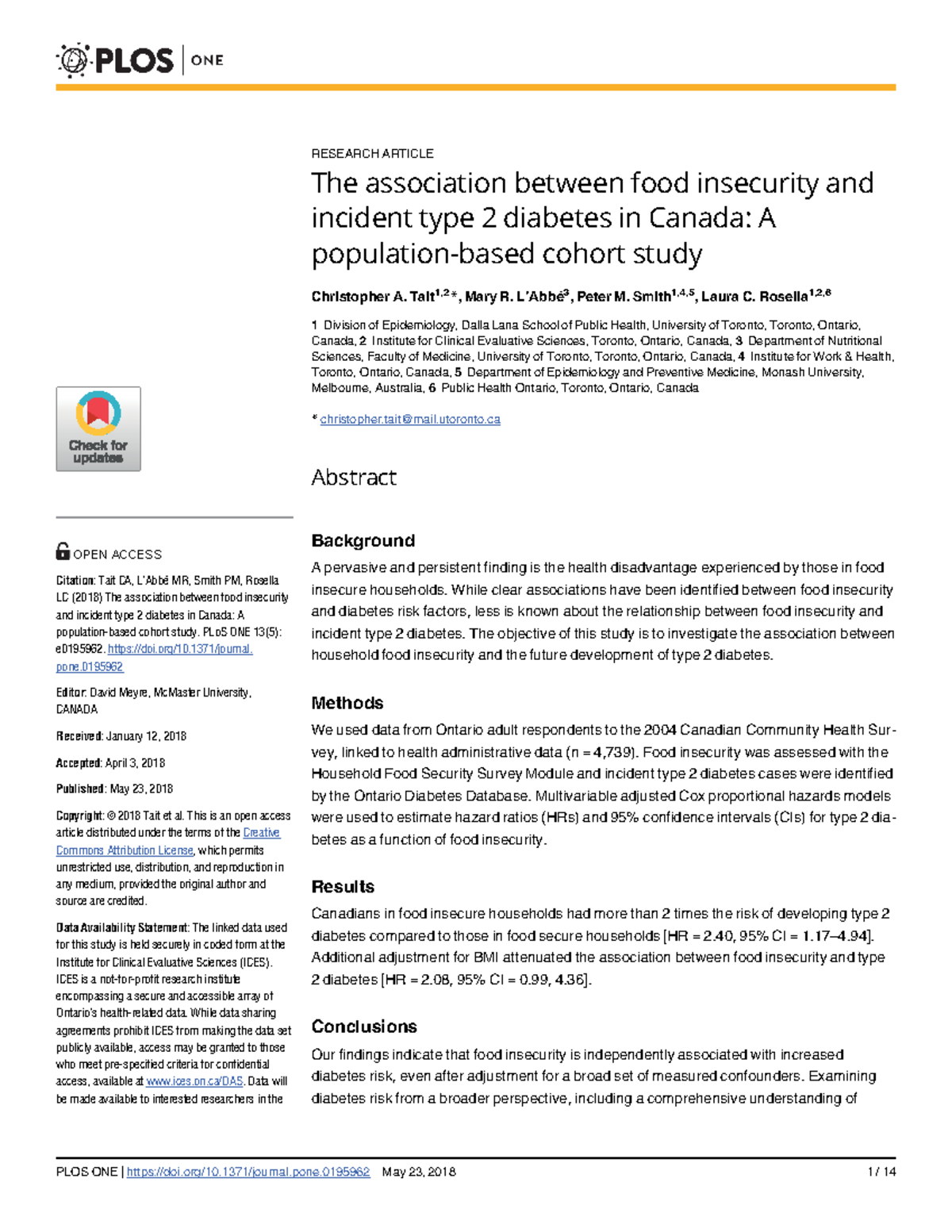 The association between food insecurity and incident type 2 diabetes in ...