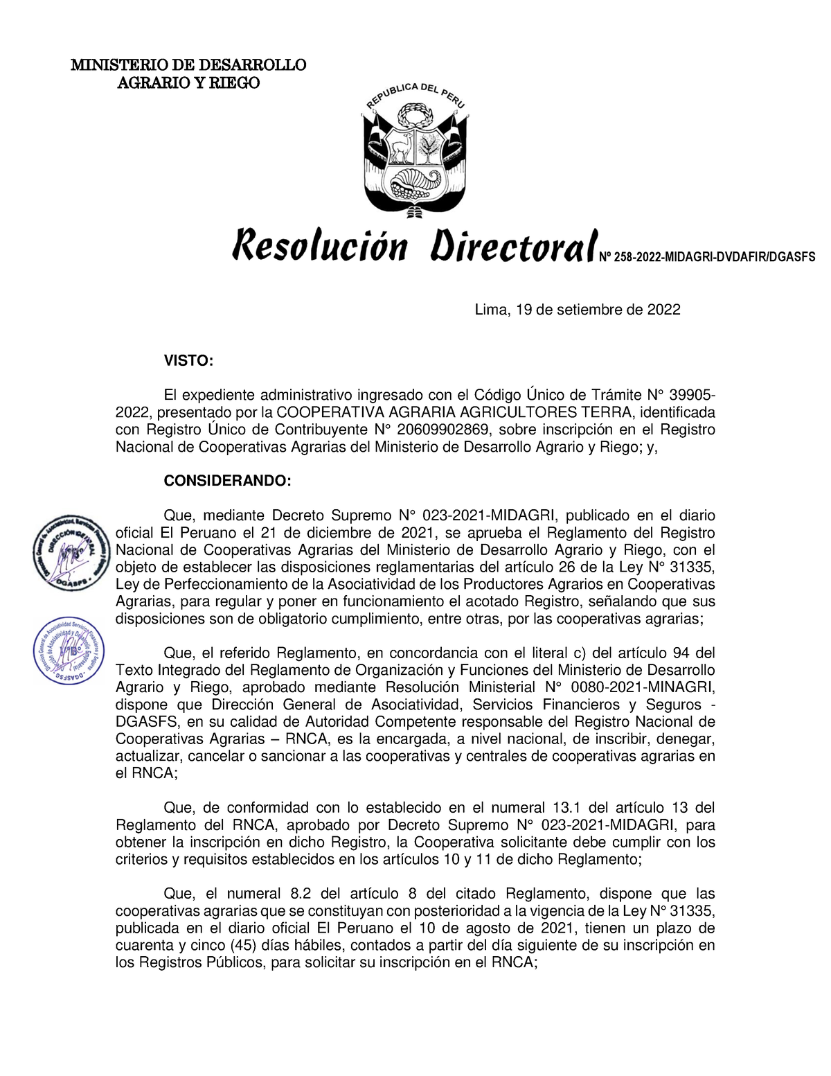 Resolución Directoral N0258-2022- Midagri- Dgasfs - MINISTERIO DE ...