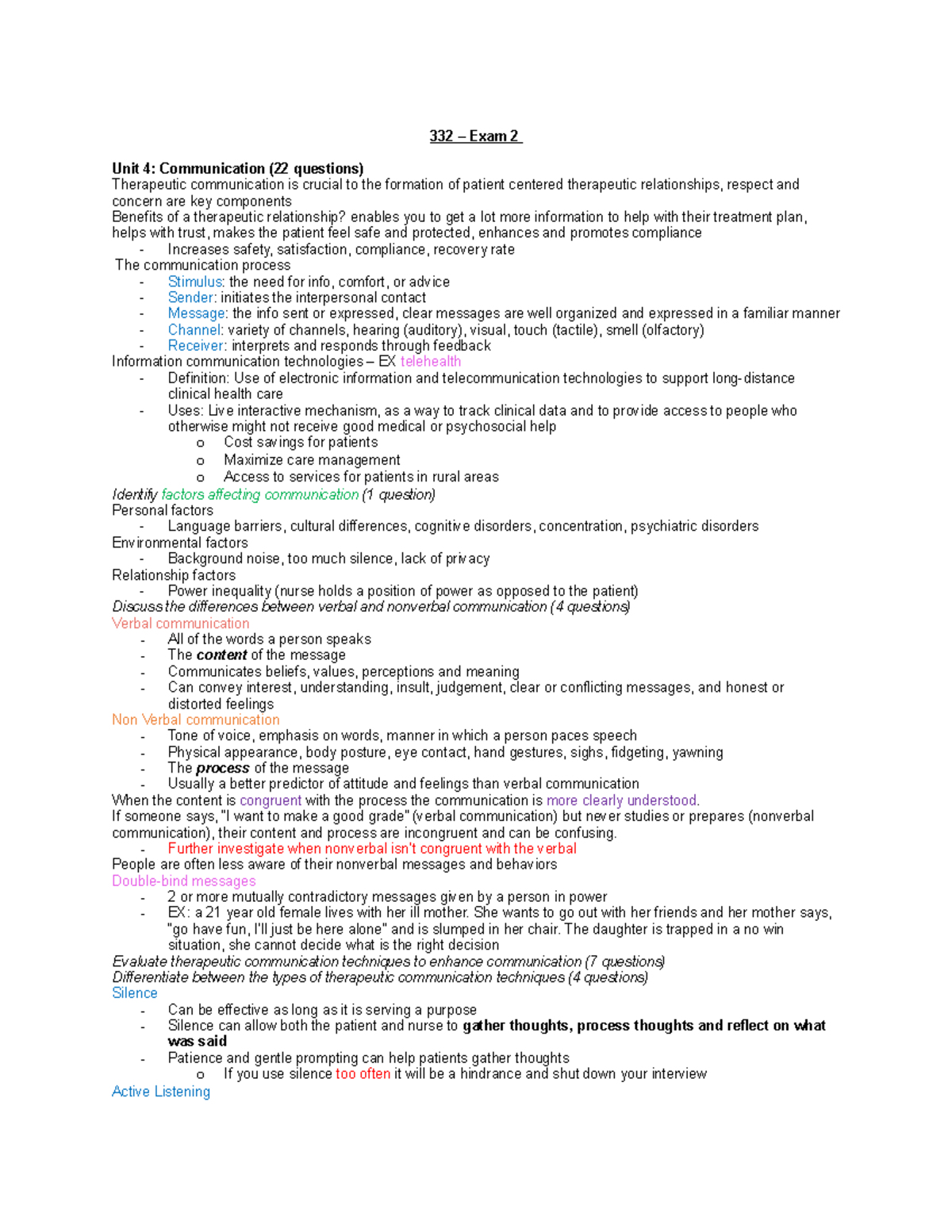 332 - Exam 2 - Lecture Notes - 332 – Exam 2 Unit 4: Communication (22 ...