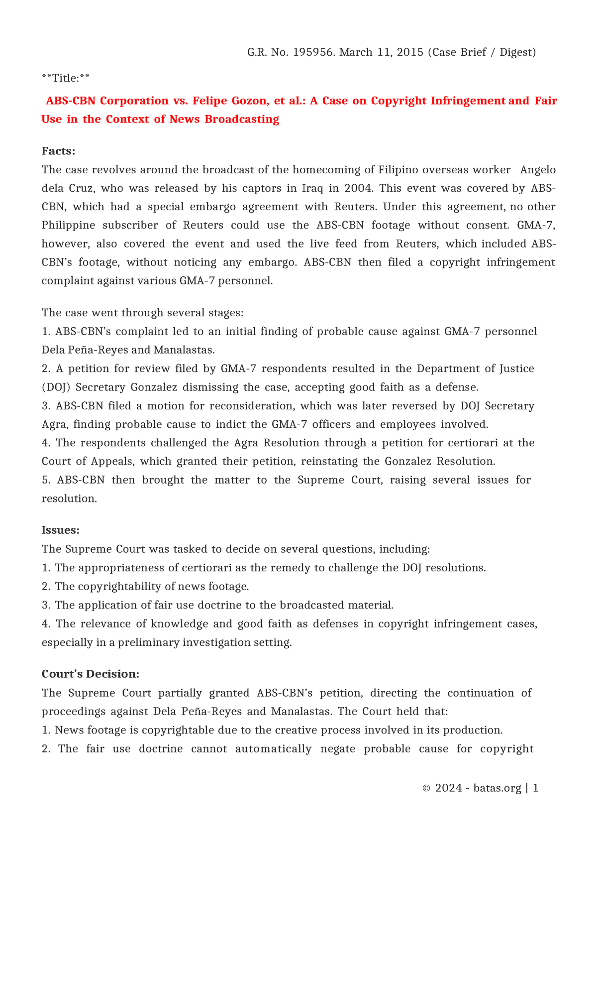 ABS CBN V. Gozon - Case Digest - G. No. 195956. March 11, 2015 (Case ...