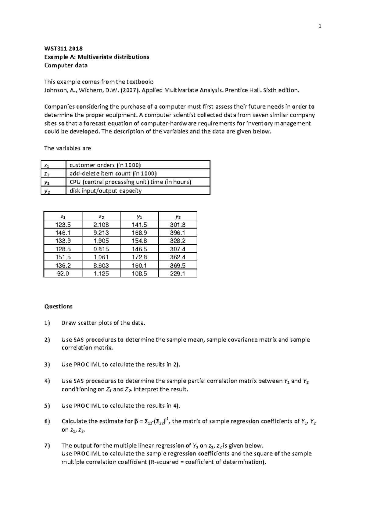 Example A Multivariate data analysis 1 WST311 2018 Example A