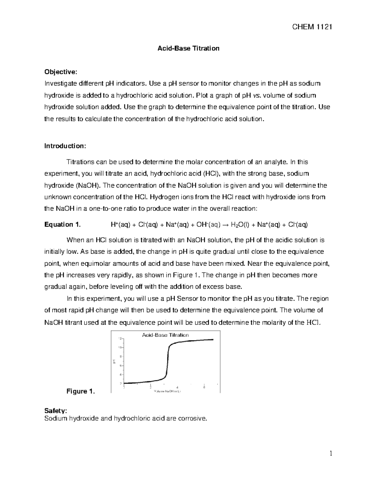 05 Acid base Procedure S22 CHEM 1121 AcidBase Titration Objective
