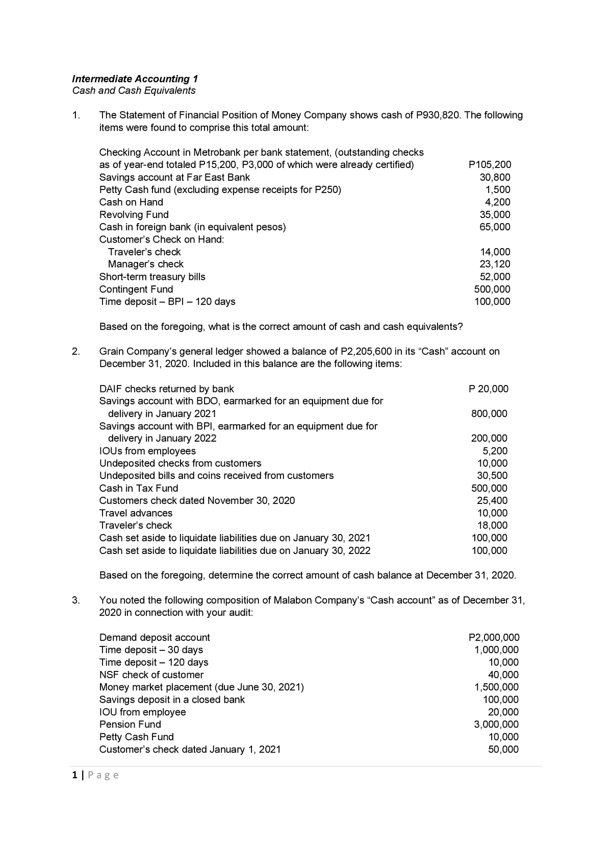 Cash And Cash Equivalents Exercises - Intermediate Accounting 1 Cash ...