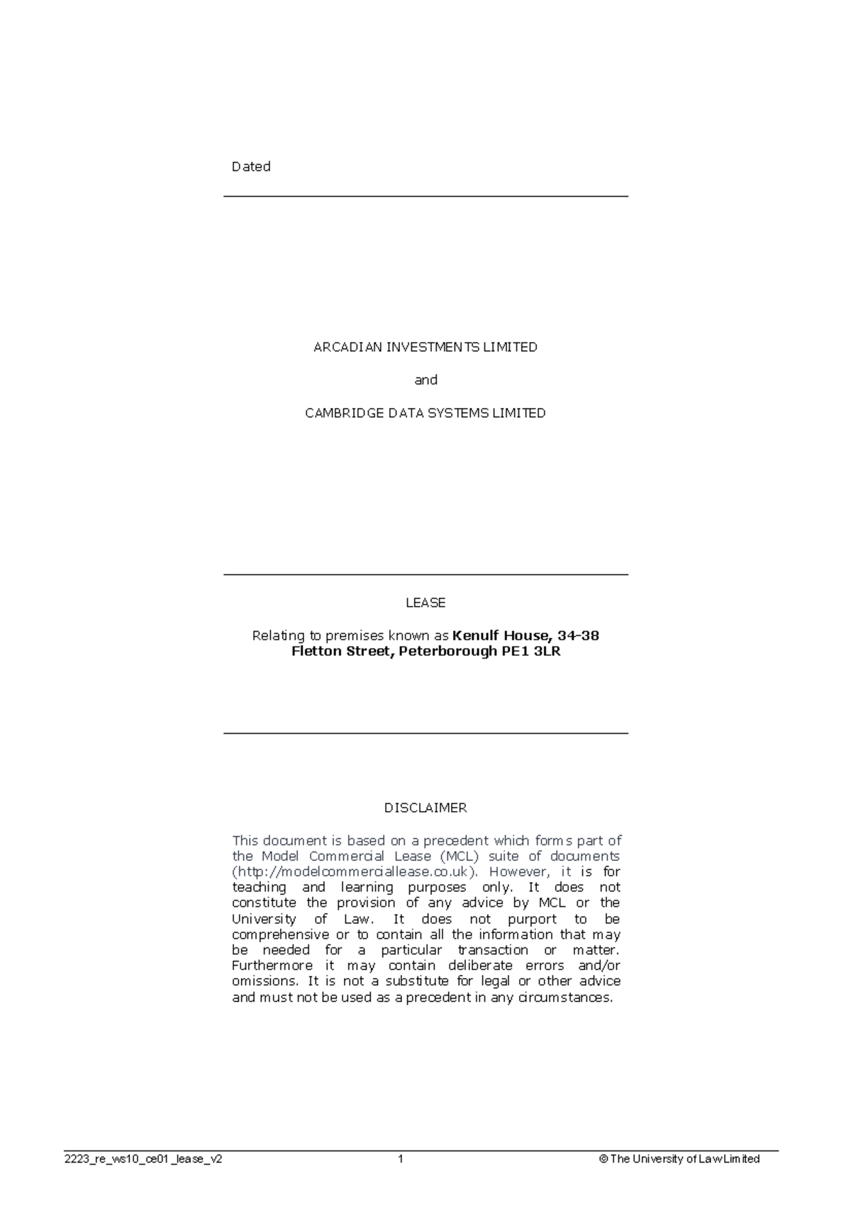 Lease ,for exam purposes Dated ARCADIAN INVESTMENTS LIMITED and