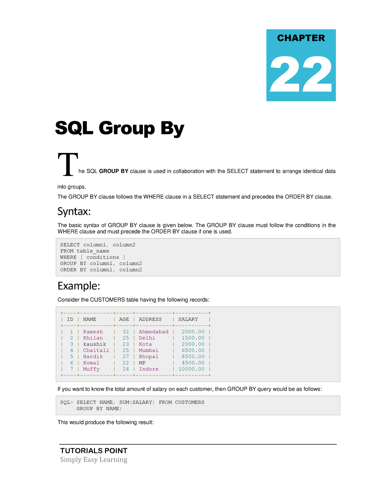 SQL DBMS-80-93 - SQL - TUTORIALS POINT SQL Group By The SQL GROUP BY ...