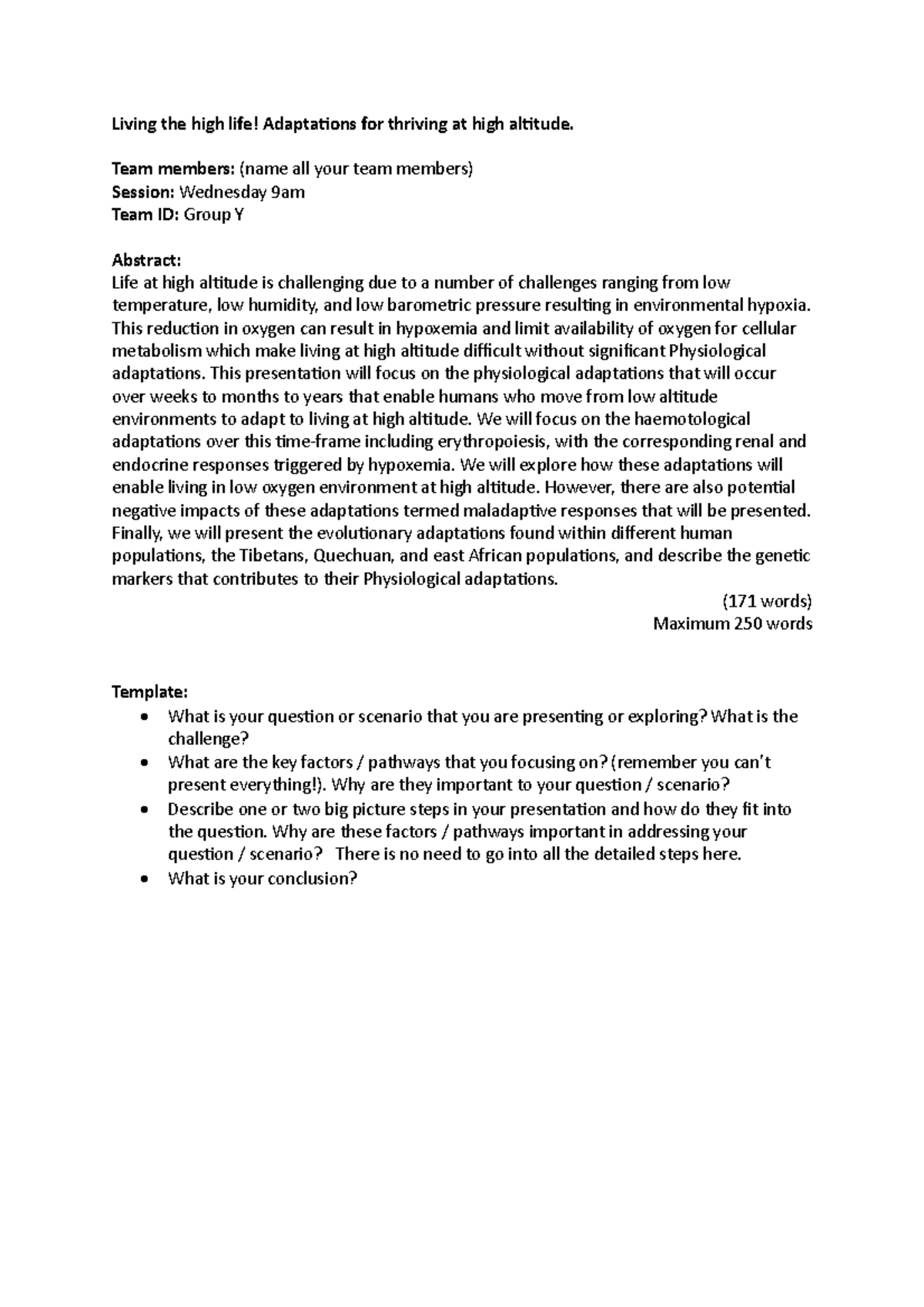 PHYS30012 Sample Abstract - Living the high life! Adapta1ons for ...