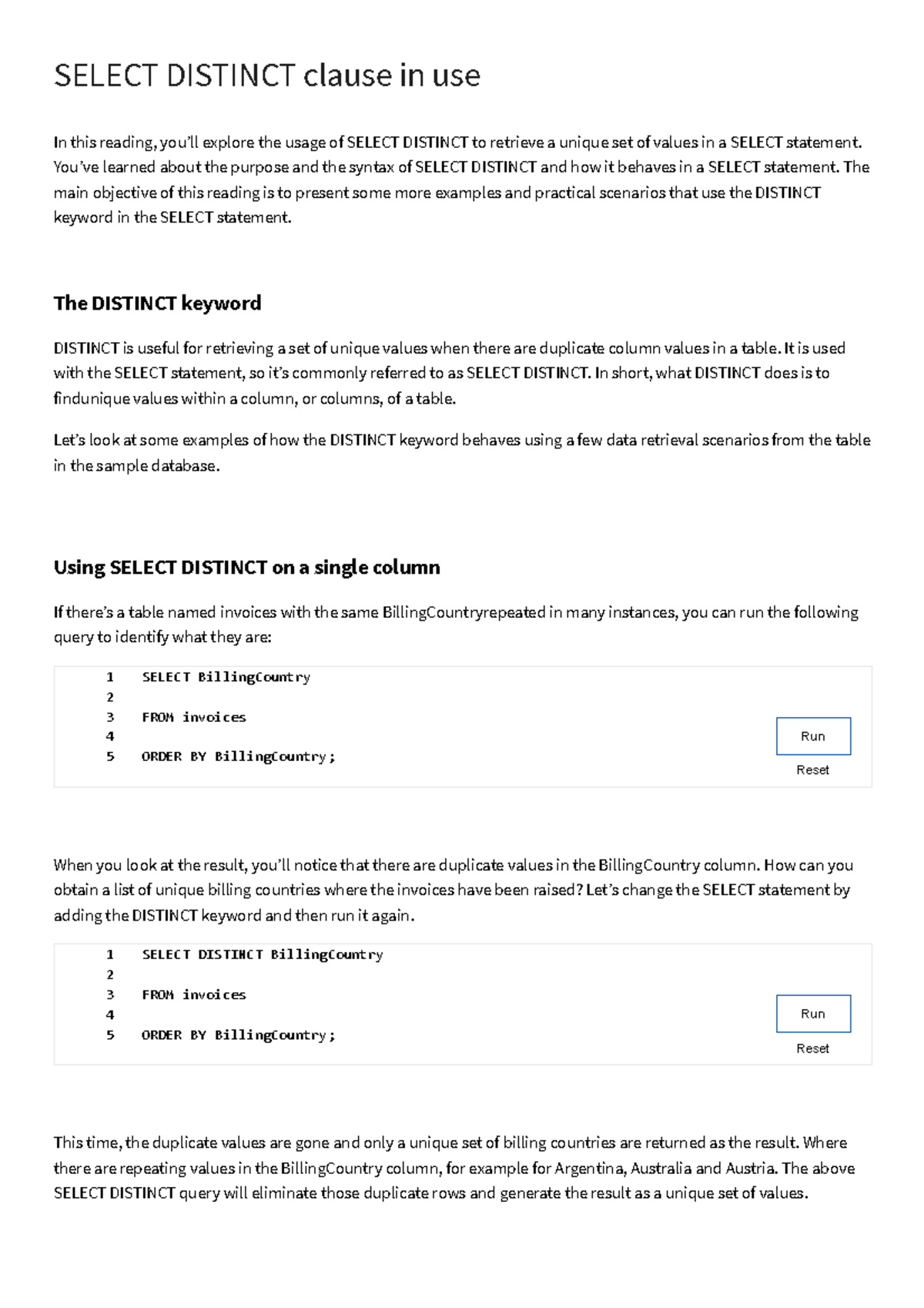 Select Distinct clause in use Coursera - SELECT DISTINCT clause in use ...