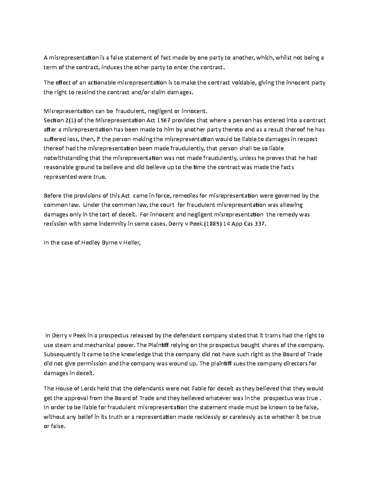 Misrep Summative - law notes - A misrepresentation is a false statement ...