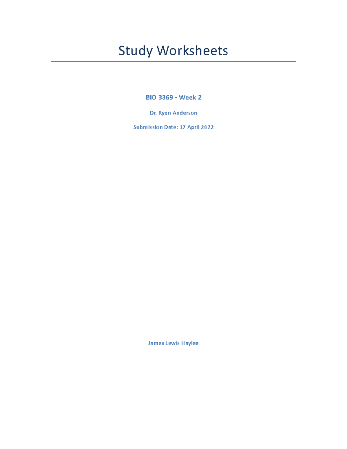 BIO-3369-Study Worksheets - Study Worksheets BIO 3369 - Week 2 Dr. Ryan