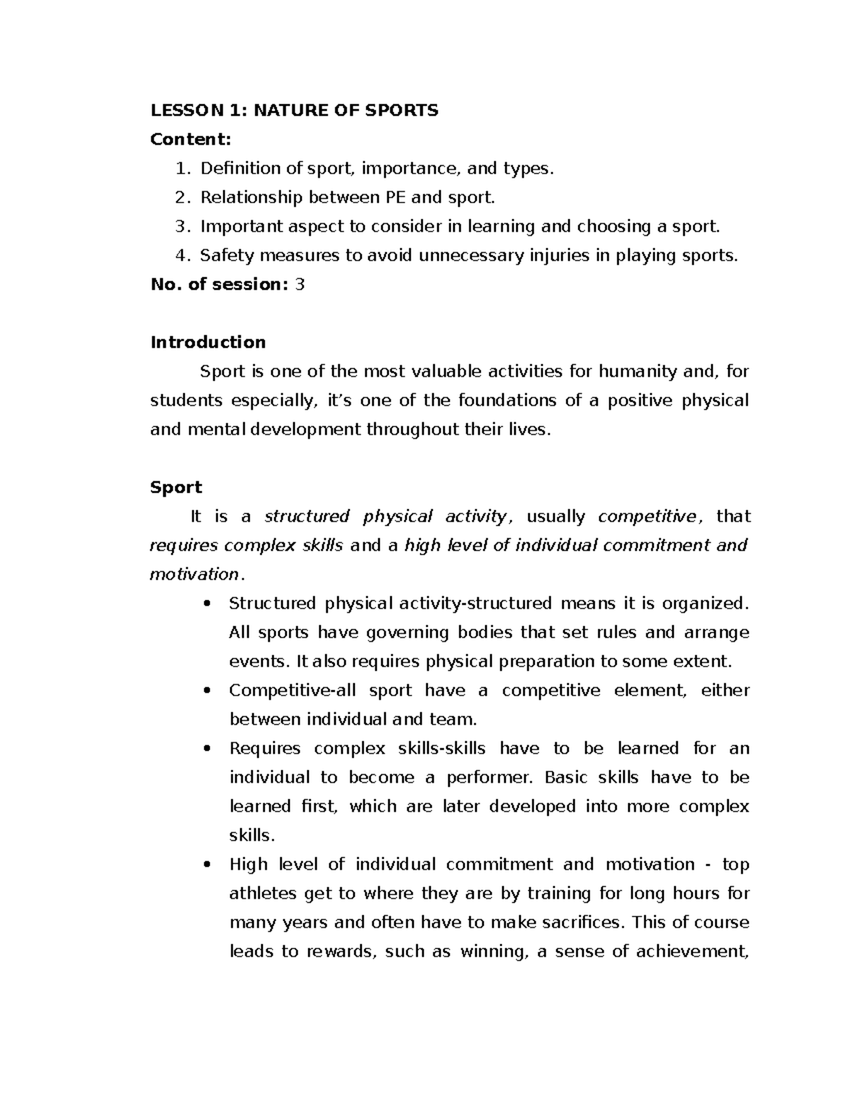 Lesson 1 Nature of Sports LESSON 1 NATURE OF SPORTS Content 1. Definition of sport