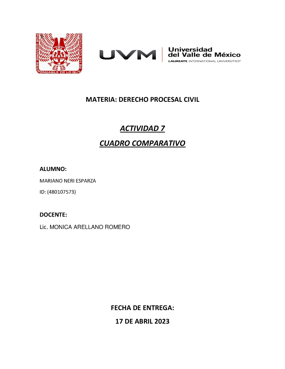 A7 MNE - ACTIVIDAD 5 DE DERECHO PROCESAL - B MATERIA: DERECHO PROCESAL ...