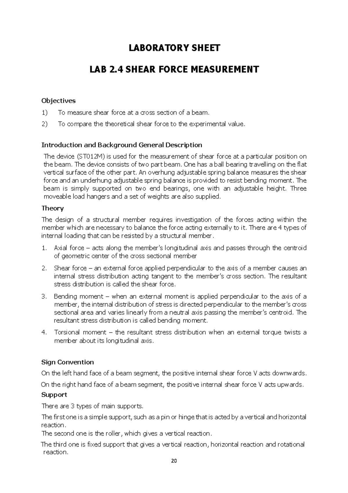 Lab manual sheet (updated Exp 4-6) - LABORATORY SHEET LAB 2 SHEAR FORCE ...