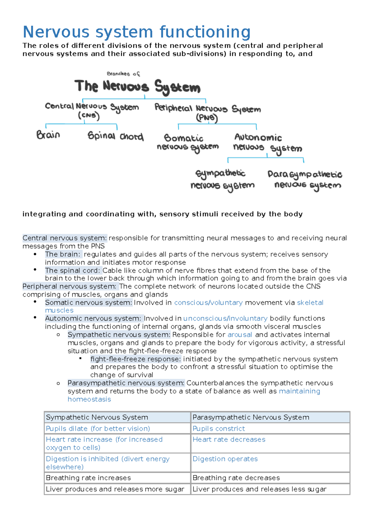 Notes - Nervous System Functioning The Roles Of Different Divisions Of ...