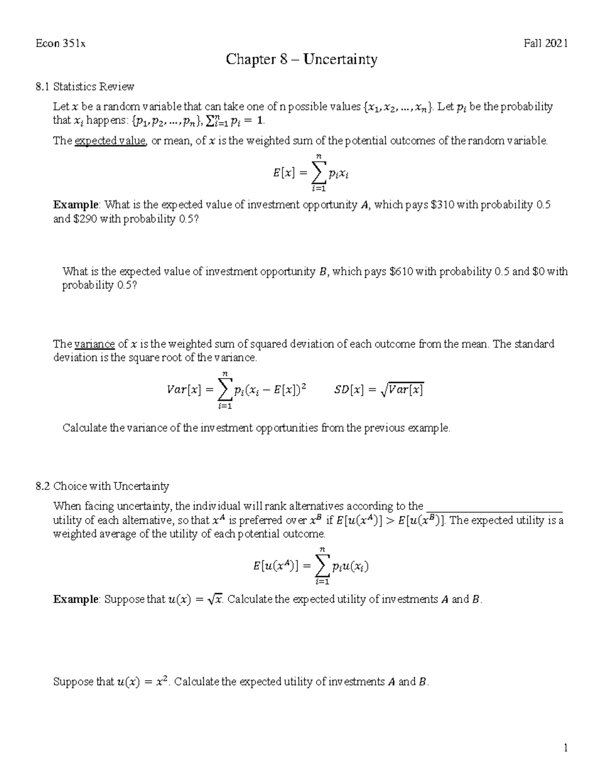 Guided Notes 8 - Chapter 8 – Uncertainty 8 Statistics Review Let 𝑥 be a ...