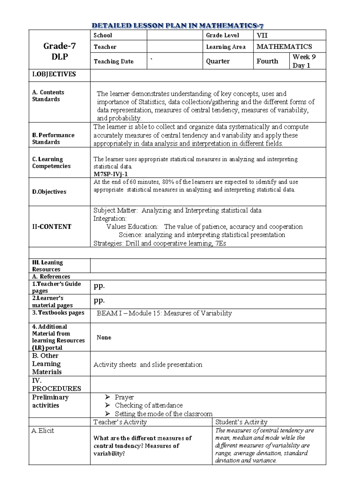 Detailed Lesson PLAN IN Mathematics - Grade- DLP School Grade Level VII ...