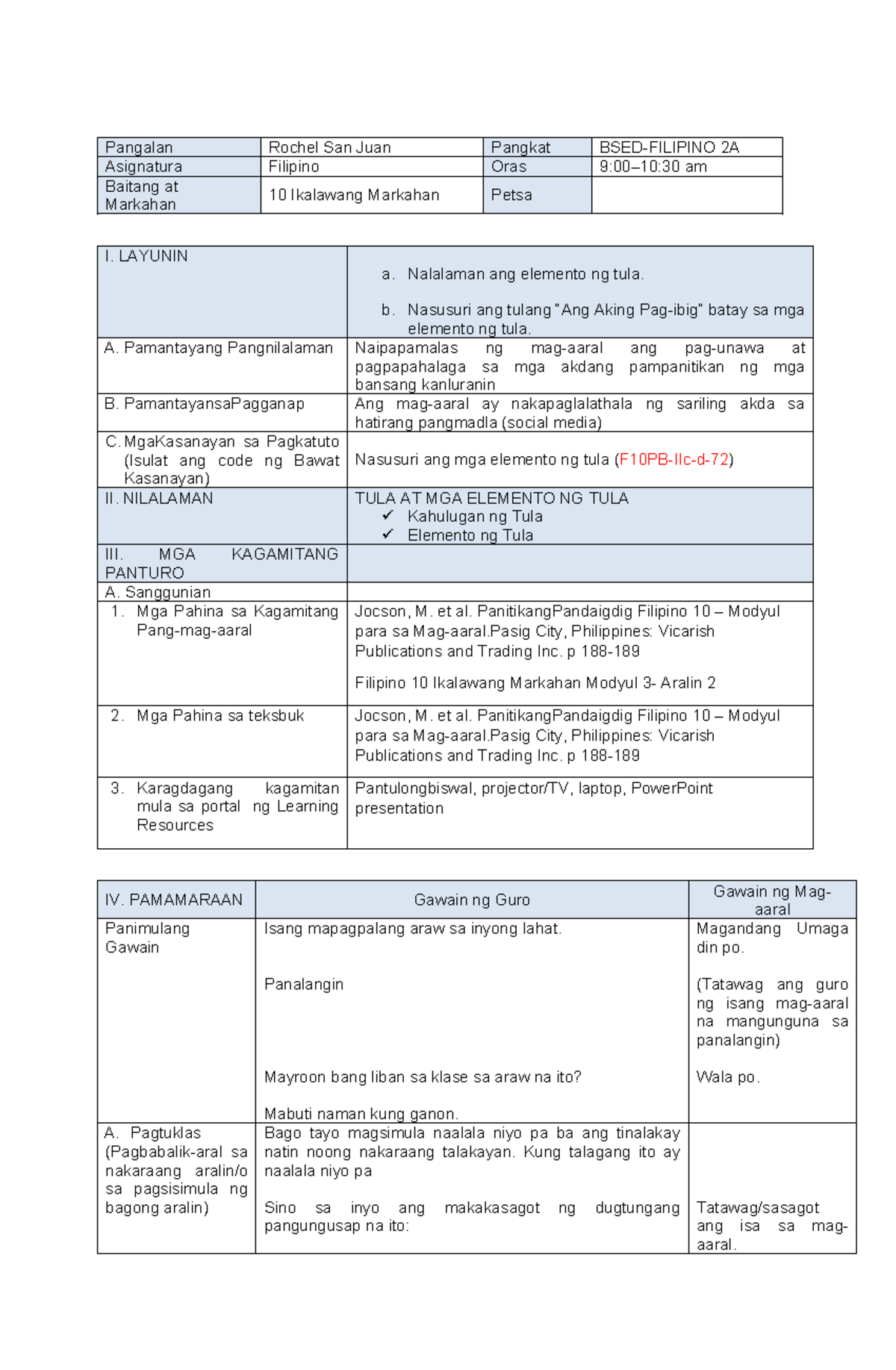 Final Draft Lesson PLAN - Pangalan Rochel San Juan Pangkat BSED ...