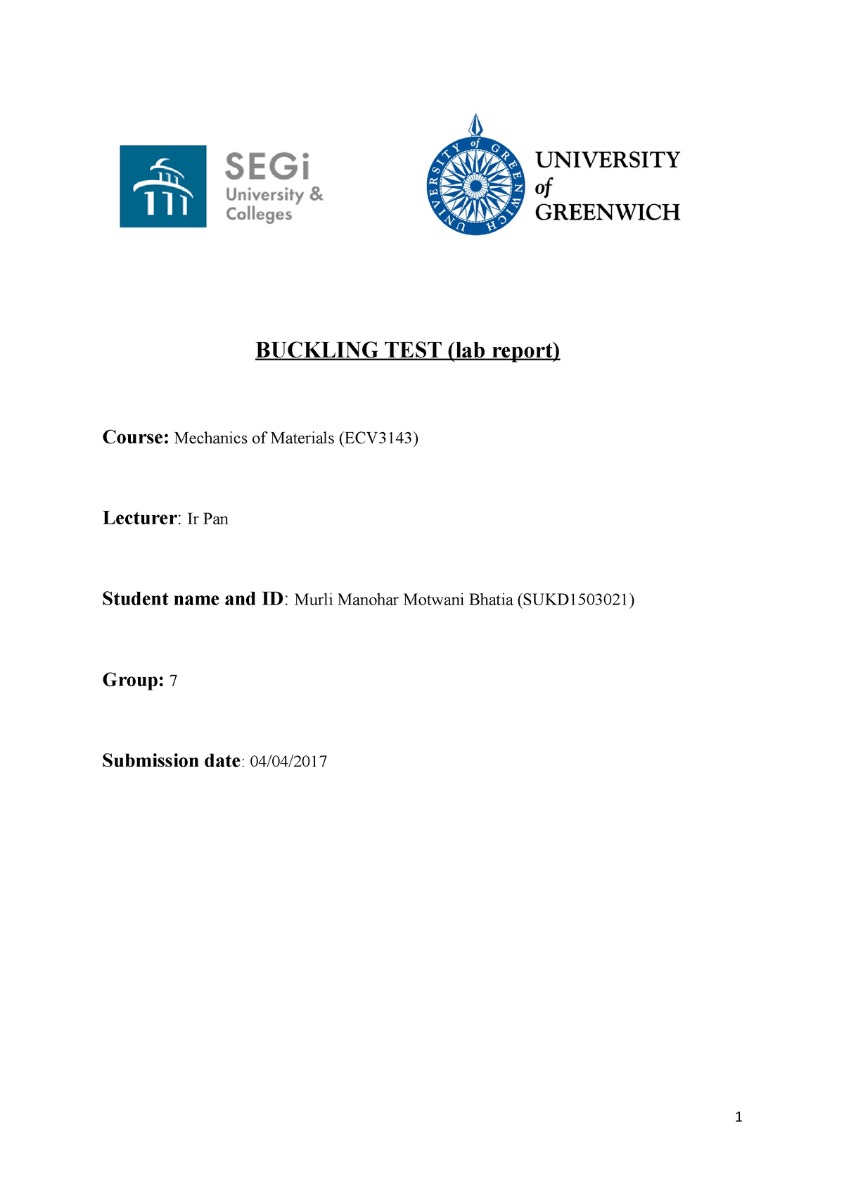 Buckling TEST Lab Report Lecturer Ir Pan - BUCKLING TEST (lab Report ...