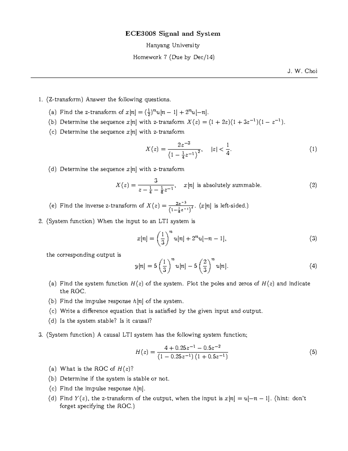 Homework 7 - ECE3008 Signal and System Hanyang University Homework 7 ...