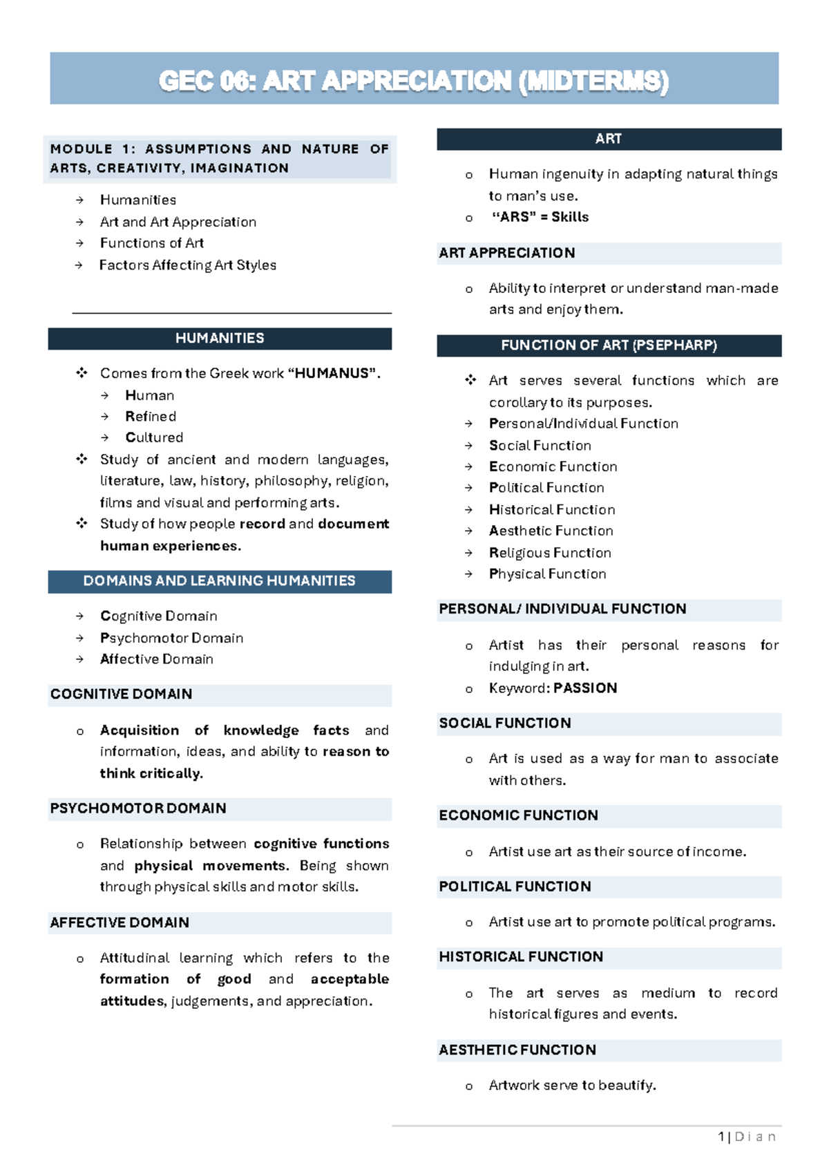 GEC06 Artapp Midterms Notes - MODULE 1 : ASSUMPTIONS AND NATURE OF ARTS ...