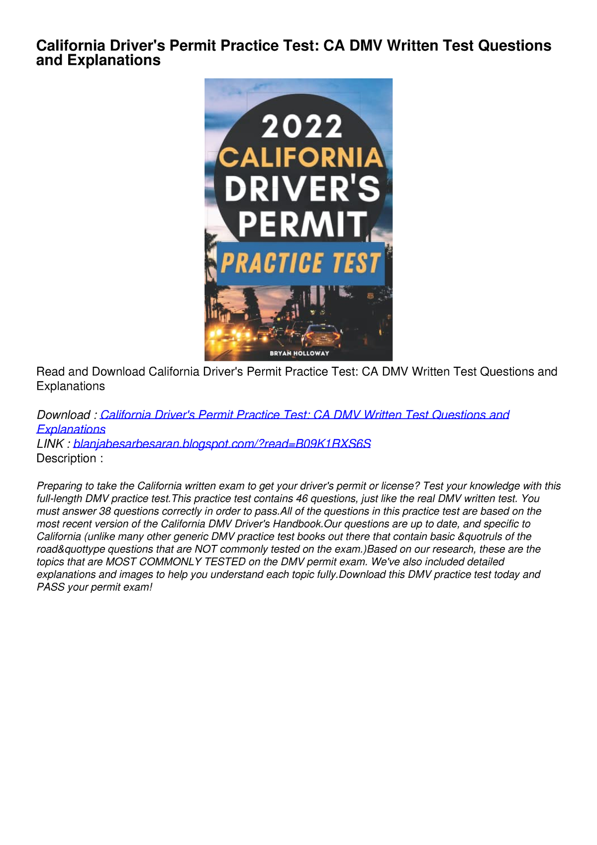 PDF BOOK DOWNLOAD California Driver's Permit Practice Test: CA DMV ...